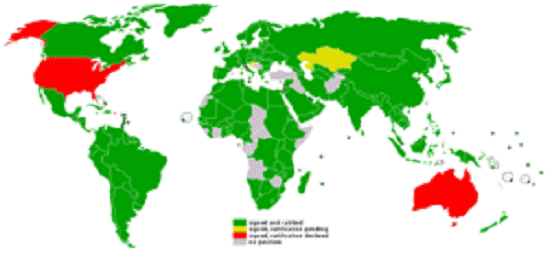 Participation au protocole de Kyoto en 2005:  Lgende :   Vert : Pays ayant ratifi le protocole Jaune : Pays ayant sign mais esprant le ratifier Rouge : Pays signataires refusant pour l'instant de le ratifier Gris : Pays encore non signataires   